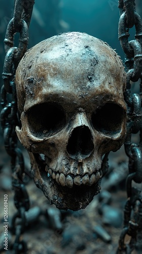 A close-up of a weathered skull suspended by chains in a dark, eerie environment, evoking themes of mortality