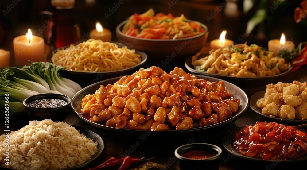 Obraz premium A delectable spread of Chinese cuisine, featuring sweet and sour chicken, noodles, rice, and various side dishes, illuminated by candlelight.