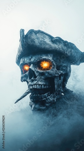 Eerie pirate skull with glowing eyes and smoke, creating a haunting atmosphere in a dark setting