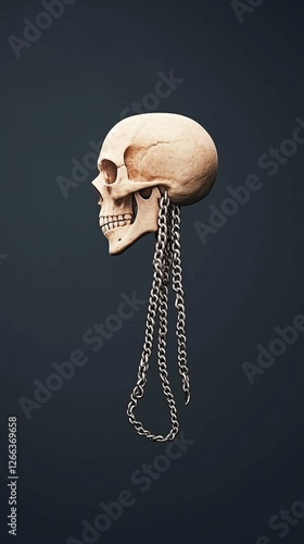 A surreal depiction of a skull with chains, symbolizing the concept of life and death against a dark background