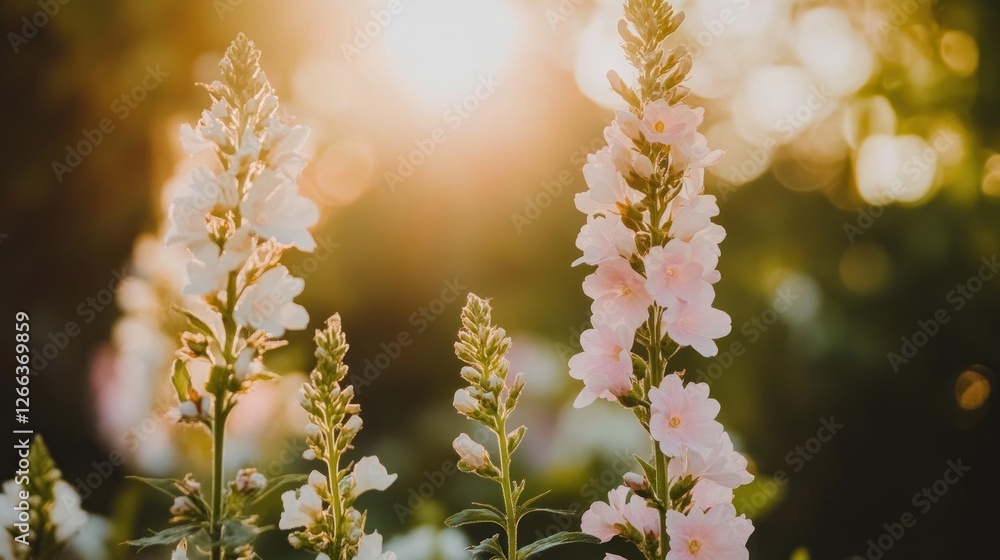 Backlit pink and white flowers in a garden at sunset. Backlit pink and white flowers in a garden at sunset.