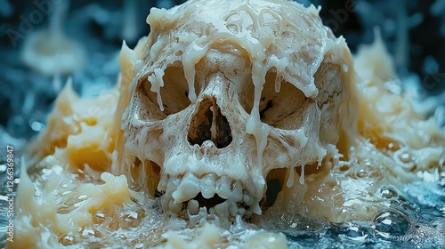 A detailed close-up of a skull partially submerged in molten wax, surrounded by a dark, mysterious background