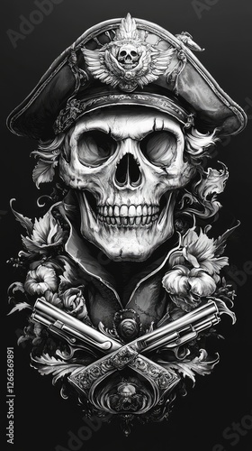 Detailed illustration of a pirate skull adorned with flowers and crossed guns on a dark background