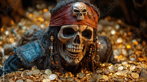 Pirate skeleton surrounded by gold coins in a treasure cave, evoking adventure and mystery
