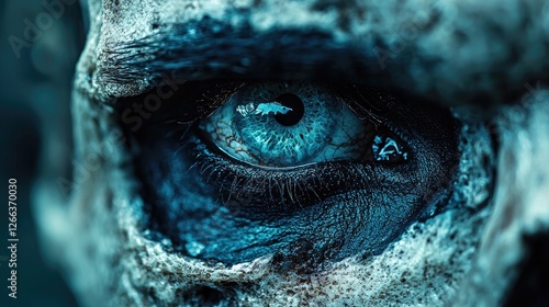 Close-up of a strikingly detailed skull with an intense blue eye, set against a dark, moody background