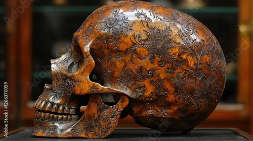 Ornately carved wooden skull displayed in a museum showcasing intricate floral designs