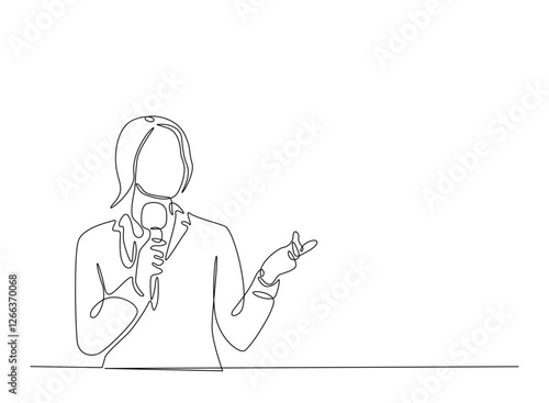 Beautiful lady reporter holding microphone illustration in continuous one line drawing. Journalist woman in one line draw. Editable vector.