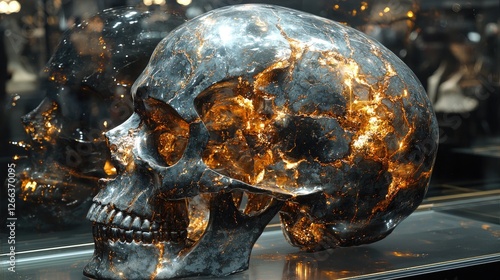 Intricate crystal skull displayed in a museum, reflecting light and captivating visitors nearby
