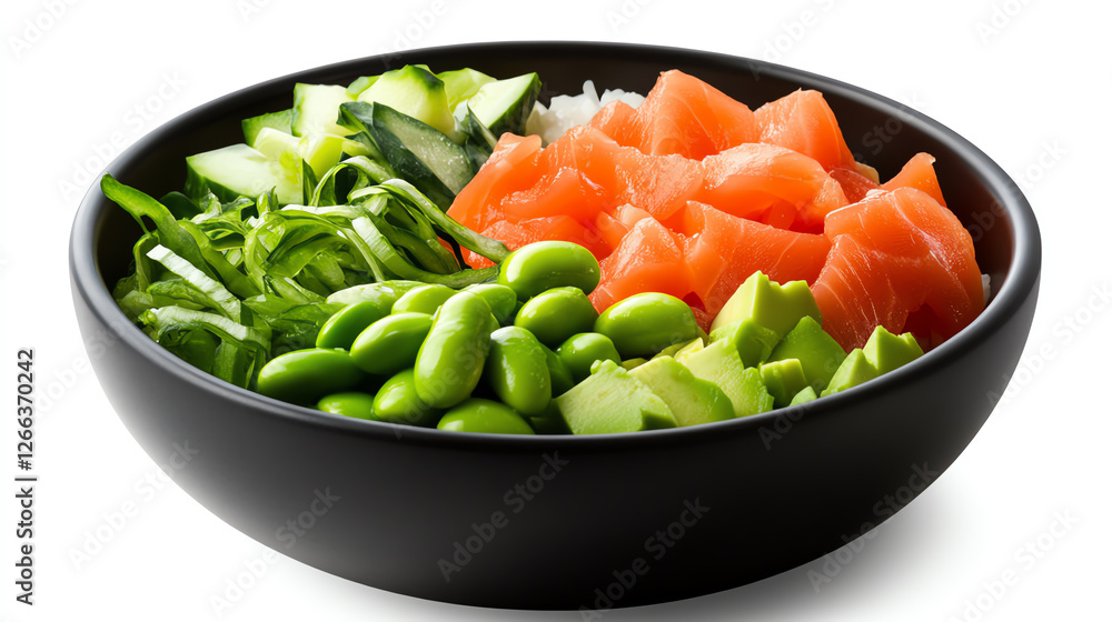 A vibrant bowl filled with fresh salmon, crisp cucumber, and nutrient-rich edamame, perfect for a healthy meal or a sushi-inspired dish. A vibrant bowl filled with fresh salmon, crisp cucumber, and nutrient-rich edamame, perfect for a healthy meal or a sushi-inspired dish.