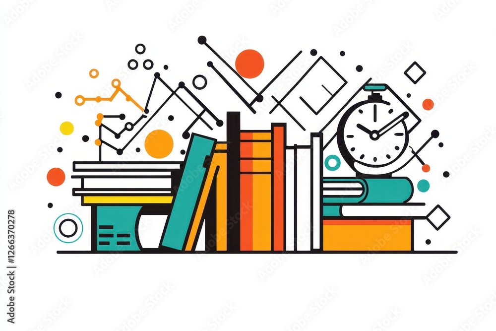 Obraz premium Colorful Bookshelf with Charts, Clock, and Geometric Shapes