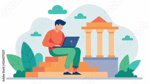 With a laptop balanced on their lap a freelance programmer sat on a stone bench writing code for an augmented reality app that would bring the temples history to life for visitors.. Vector