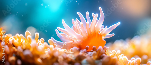 A vibrant underwater scene showcasing a beautiful coral reef with delicate orange anemones. Stunning colors and textures highlight the diversity of marine life and ecosystems. photo