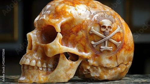 Intricate carved skull made of orange stone with a skull and crossbones emblem on display