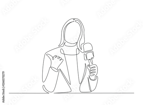 Beautiful lady reporter holding microphone illustration in continuous one line drawing. Journalist woman in one line draw. Editable vector.
