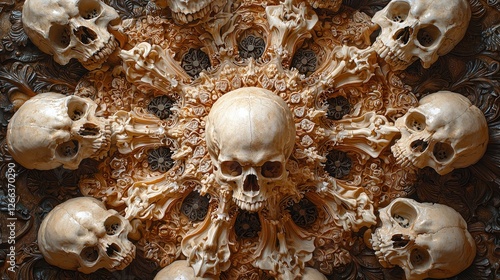 Intricate arrangement of skulls in a circular pattern surrounded by ornate floral carvings