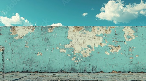 Weathered blue wall under a bright sky with scattered clouds, ideal for backgrounds or textures