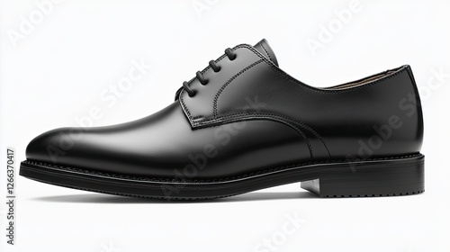 Elegant black dress shoe on a minimalist background, showcasing its polished design and craftsmanship