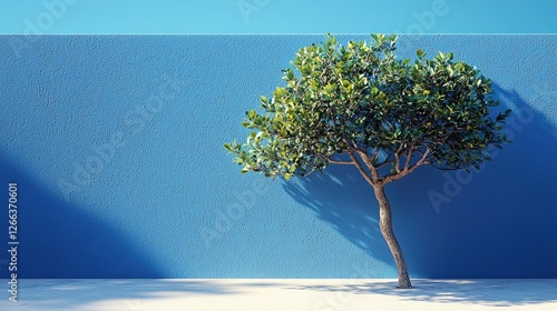 A solitary tree casts a shadow against a vibrant blue wall in a serene outdoor setting
