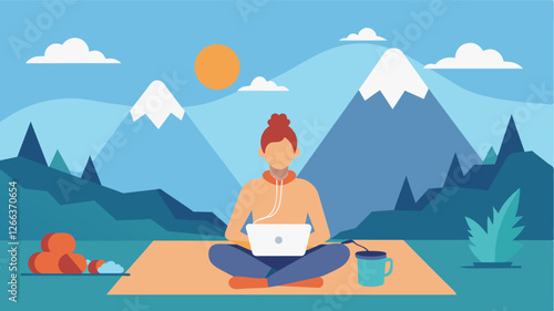 Work on your laptop with the backdrop of stunning mountain views and take breaks to practice yoga and meditation in between tasks.. Vector illustration