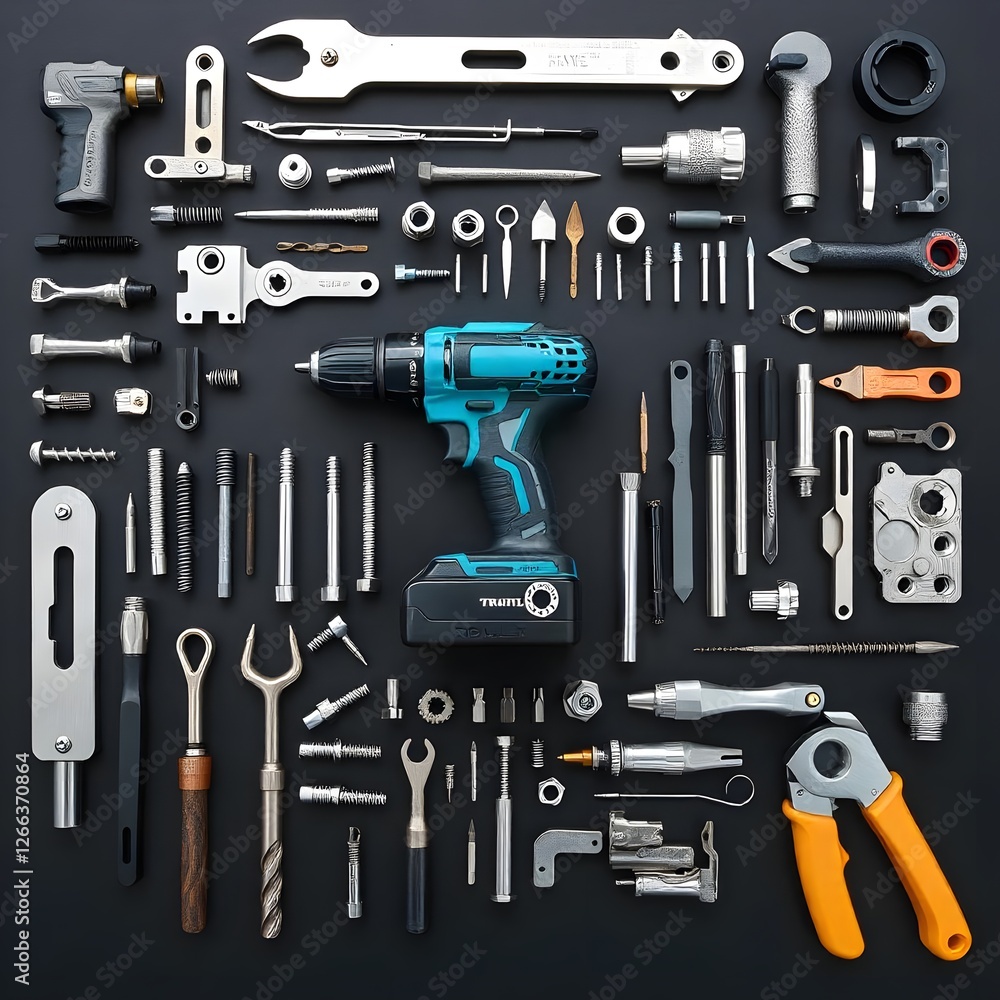 Fototapeta premium Flatlay of Hand Tools Bolts Screws and Cordless Drill on Black Background