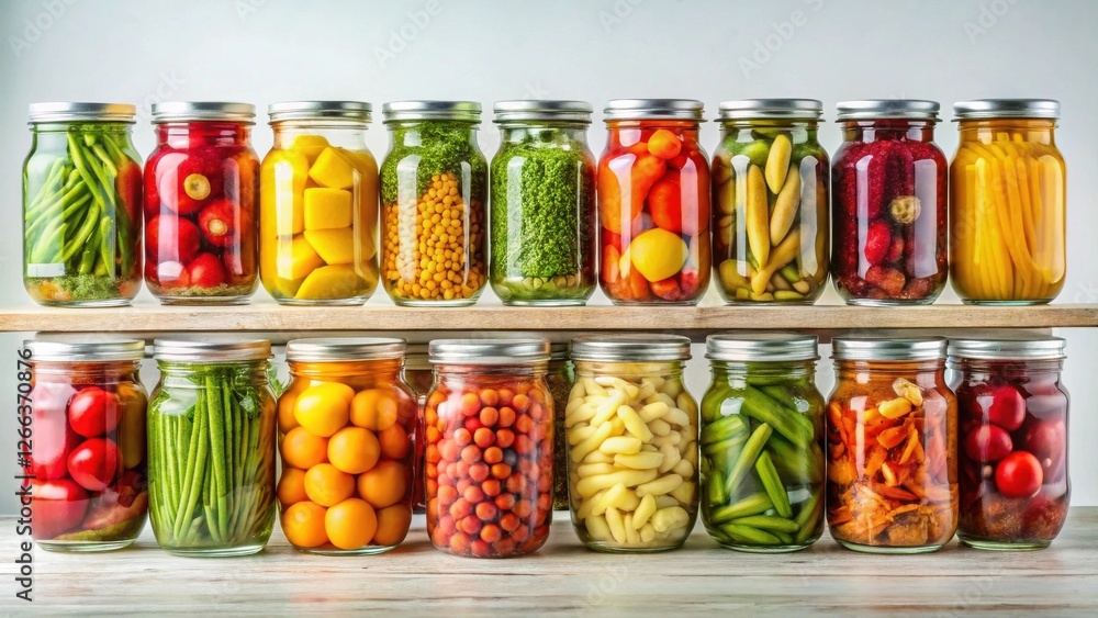 A Colorful Collection of Preserved Fruits and Vegetables in Glass Jars on a Wooden Shelf A Colorful Collection of Preserved Fruits and Vegetables in Glass Jars on a Wooden Shelf