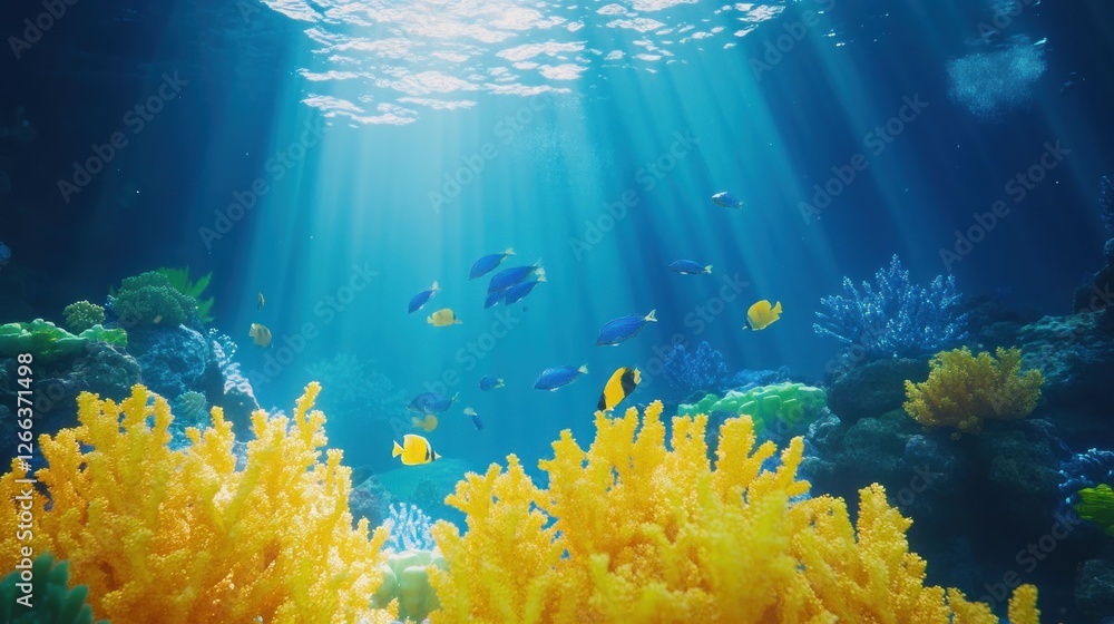 Naklejka premium Vibrant underwater scene with sunbeams illuminating colorful coral reef and fish.