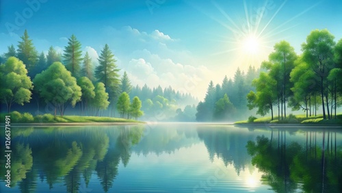 Serene Lakeside Vista Tranquil morning sun rays illuminate lush green trees reflected in a calm lake, creating a picturesque landscape of natural beauty and peaceful serenity.