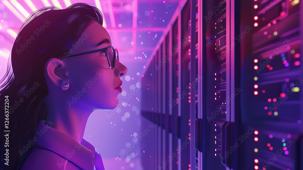 Animated concept of a female Chief Technology Officer controlling the activation of servers in a large data center, beginning the cloud computing and digitalization process.
Animated concept of a female Chief Technology Officer controlling the activation of servers in a large data center, beginning the cloud computing and digitalization process.