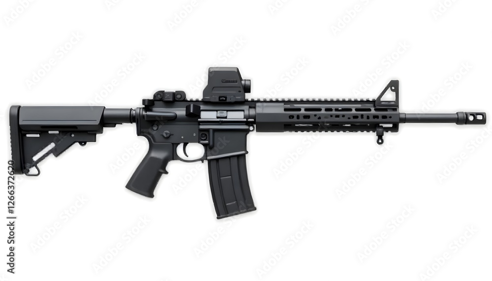Modern Black AR 15 Style Rifle with Red Dot Sight Close Up Studio Shot Modern Black AR 15 Style Rifle with Red Dot Sight Close Up Studio Shot