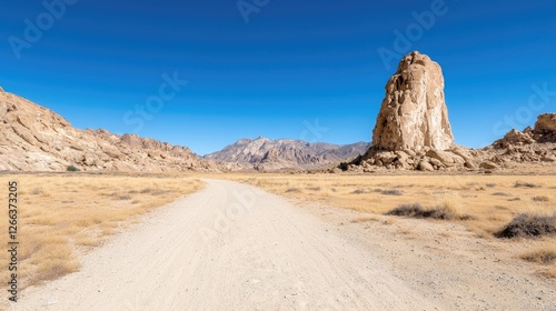 Desert landscape with rock formation and dirt road, suitable for travel or adventure, scenic outdoor photography