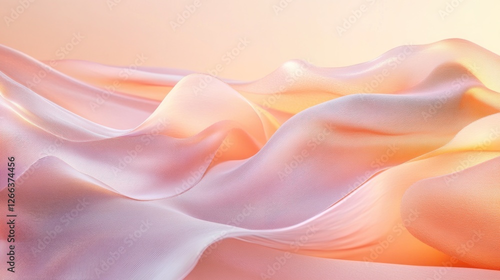Obraz premium Abstract image of flowing, translucent fabric in soft pink and orange hues, creating a wave-like pattern.