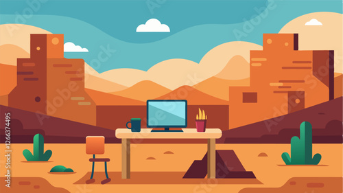 Trade in the sounds of honking cars for the peaceful hum of desert life while working in this secluded adobe oasis.. Vector illustration