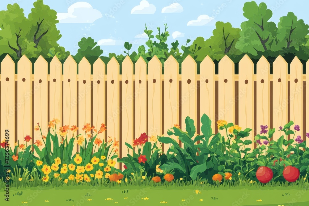 Obraz premium Colorful Garden with Wooden Fence in a Bright Sunny Day