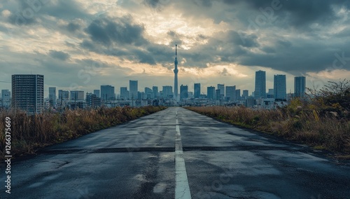 Empty road leading to Tokyo skyline under dramatic sky.