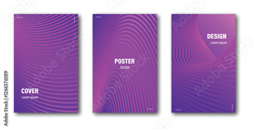 Set of abstract posters with dynamic purple wave patterns flowing on gradient background with copy space for modern and stylish design