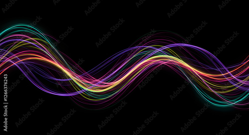 Naklejka premium Abstract wave lines pattern dynamic colorful light flowing isolated on a black background—the concept of music, party, technology, modern. Abstract flowing wavy lines. Colorful dynamic wave