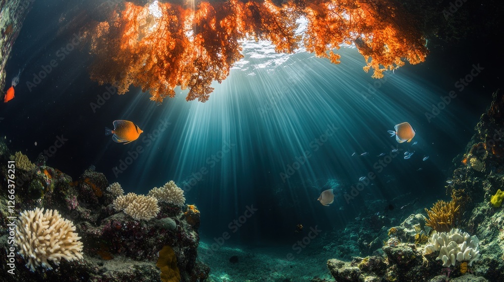 Fototapeta premium Sunbeams illuminate vibrant coral reef cave with diverse fish.