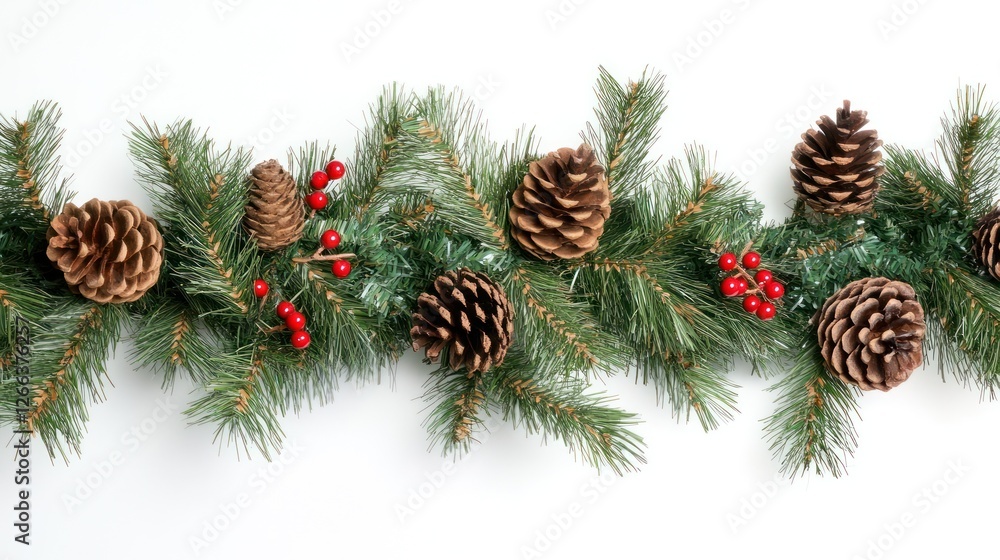 Festive holiday garland adorned with pinecones and red berries against a clean white background, perfect for seasonal decoration Festive holiday garland adorned with pinecones and red berries against a clean white background, perfect for seasonal decoration
