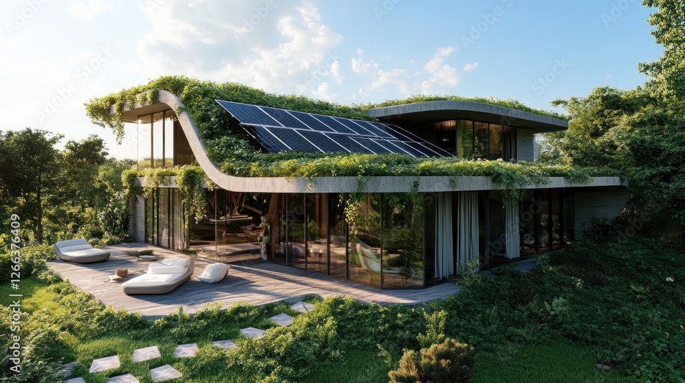 Sustainable living, Modern house with a green roof and solar panels Sustainable living, Modern house with a green roof and solar panels