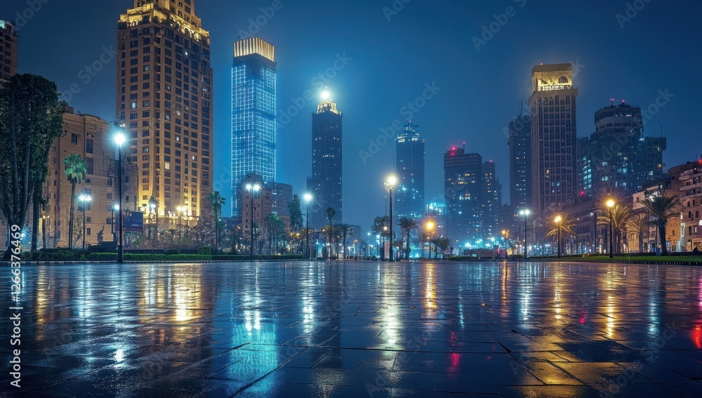 Fototapeta premium Night cityscape with rain reflecting on city streets, modern skyscrapers and streetlights.