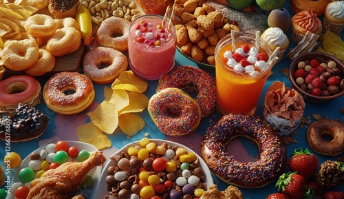 A vibrant overhead shot showcasing a diverse array of sugary treats, fried foods, and fruity drinks.