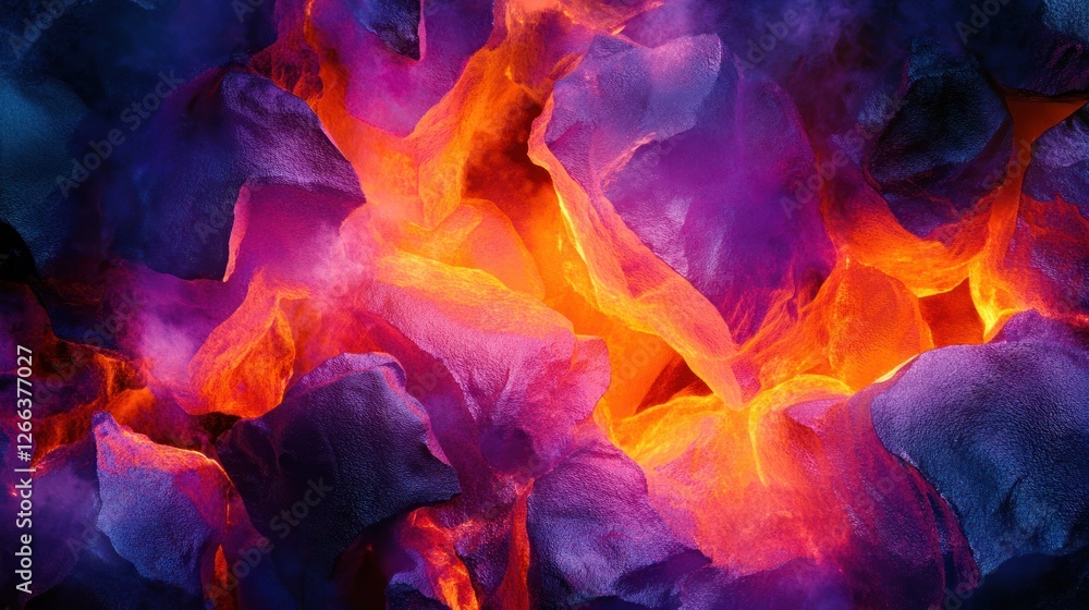 Fototapeta premium Vivid abstract image of glowing embers and rocks in vibrant purple, orange, and yellow hues.