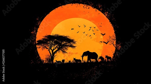 African Wildlife Silhouette with Sunset Background Featuring Elephant and Zebra

 photo