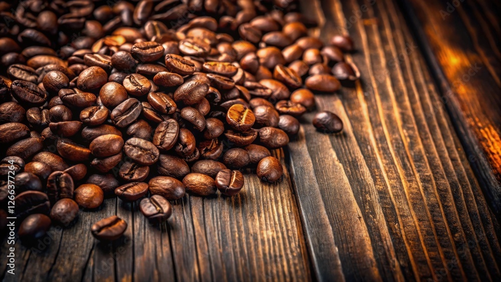 Dark Roasted Coffee Beans Scattered on Rustic Wooden Surface Dark Roasted Coffee Beans Scattered on Rustic Wooden Surface