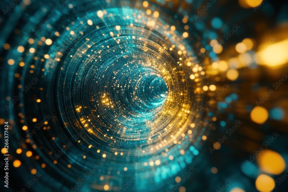 Obraz premium A mesmerizing abstract representation of a swirling tunnel of vibrant blue and golden lights, suggesting depth and motion in a digital landscape