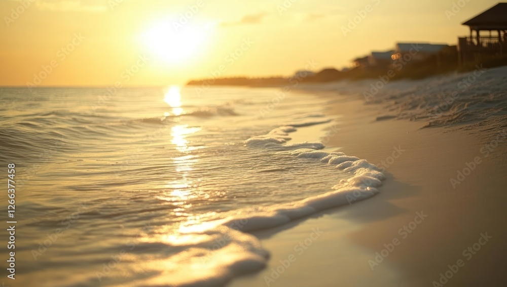 Golden sunset over calm ocean waves gently lapping a sandy beach. Golden sunset over calm ocean waves gently lapping a sandy beach.