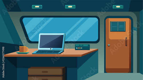 The yachts stateoftheart computer is neatly tucked away in a builtin desk nook cleverly disguised as a decorative panel.. Vector illustration