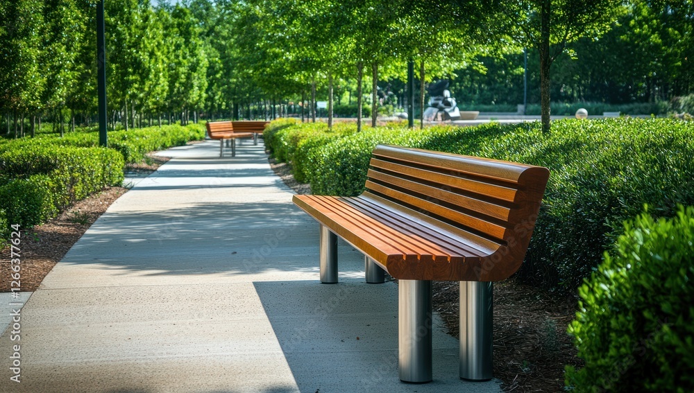Wooden bench on paved walkway in a sunny park with lush green trees and shrubs. Wooden bench on paved walkway in a sunny park with lush green trees and shrubs.