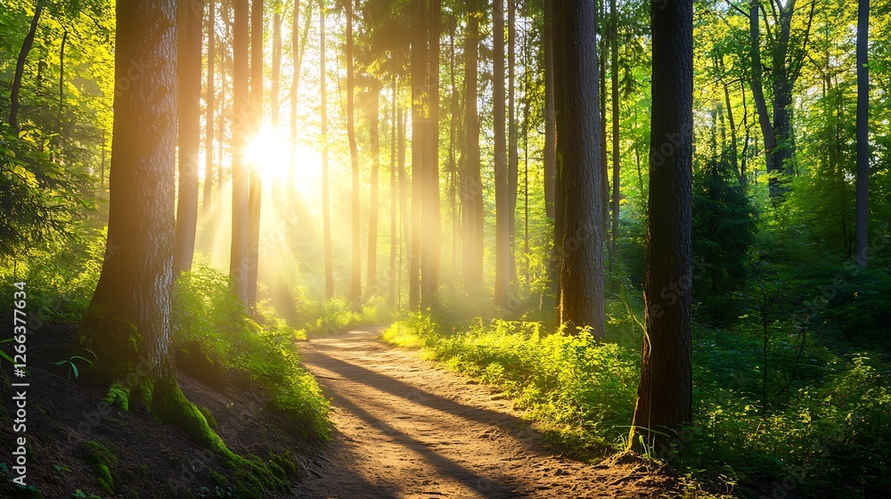 Obraz premium Sunlit Forest Path Morning Sunlight Through Trees