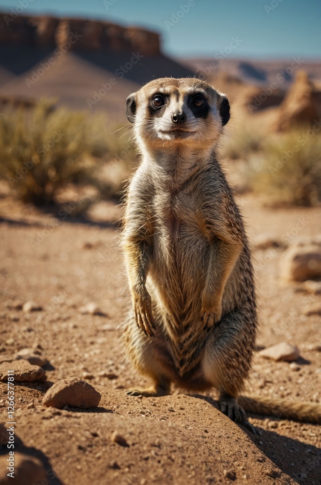 A meerkat standing upright in a desert landscape, looking curiously at the surroundings. A meerkat standing upright in a desert landscape, looking curiously at the surroundings.